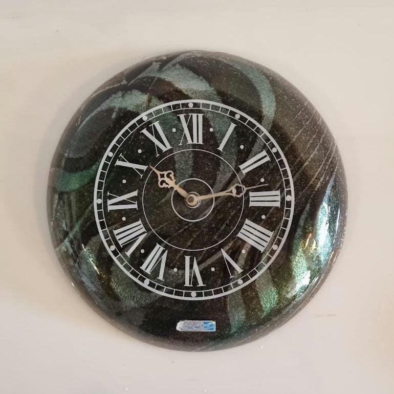 Vintage Wall Clock Design by Israeli Artist Andreas Mayer - Green and Black Fused Glass - Roman Numeral Quartz Clock - 30cm