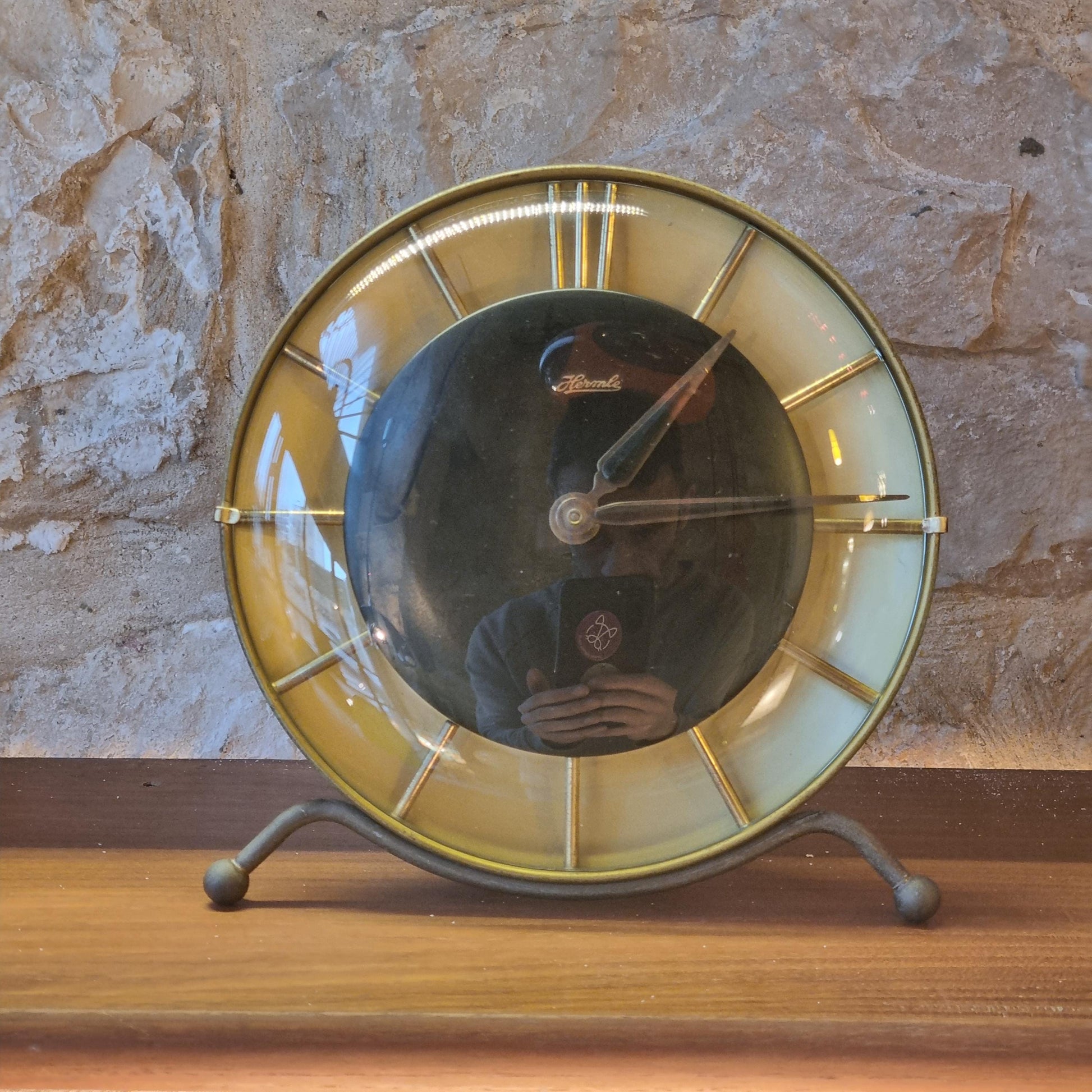 Vintage Hermle Mid-Century Modern Table Clock – German Brass 1950s Collectible