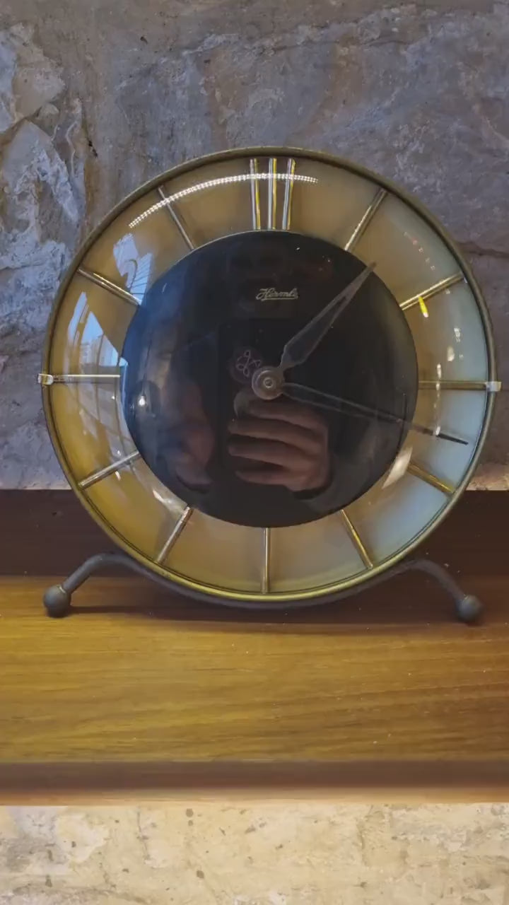 Vintage Hermle Mid-Century Modern Table Clock – German Brass 1950s Collectible
